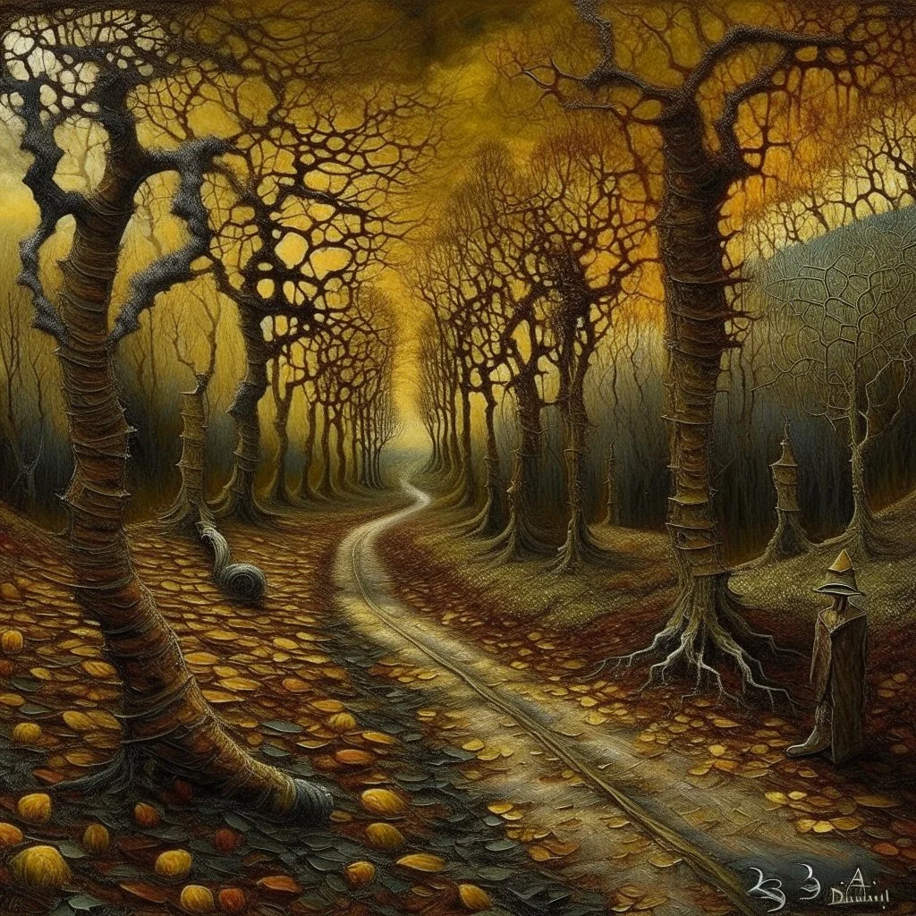 The crooked path. Baobab trees. colors kale, gold, rust, burgundy, black. The mystical path we share. Modifiers: dramatic Van Gogh Arthur Rackham Gothic Paul Klee pen and ink dreamy Edward Gorey disturbing metallic colors forboding Esao Andrews biomorphic fireflies hallucinatory DZO:Olivier