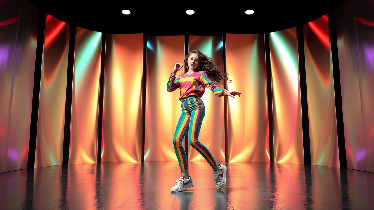 beautiful lady with to days modern clothing and sport shoes curvy long hair, in modern stage made of 3d fractal random size recursive objects with helical strip colors in clothing similar to environment full body dancing to camera,animating background metallic random color size recursive objects