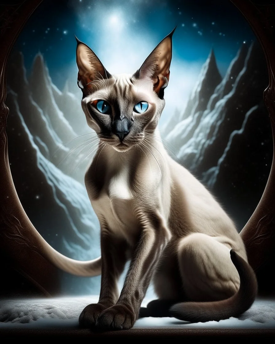 Front view at an angle of 1/2 or 5°». Emphasis: depict full-length Siamese Oriental shorthair cat <<‘ot a close-up - head, legs, ears, tail, whiskers>>. The cat takes up 3/10 of the entire image. A surrealistically complex, high quality <<Double exposure image>>. in the foreground in the center of the image the Siamese Oriental shorthair cat sits