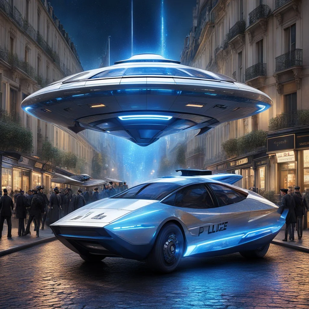 an accident between a spaceship and a police car at the crossing of two streets in the vibrant city of Paris flashes through my mind. The collision between the futuristic vessel and the sleek police car creates a chaotic scene in the heart of the bustling city. The spaceship, with its metallic sheen and glowing lights, hovers above the cobblestone streets, its thrusters sputtering and sparking from the impact. The police car, a sleek model adorned with flashing lights and sirens, skids to a hal