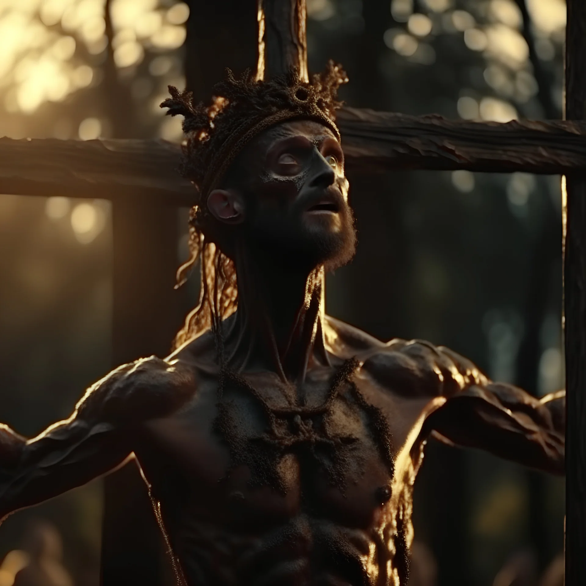 32k uhd, film still, werewolf on crucified on a cross, strength, pained expression. Muscular, toned, and defined. naturalistic golden hour, photorealistic looking style.