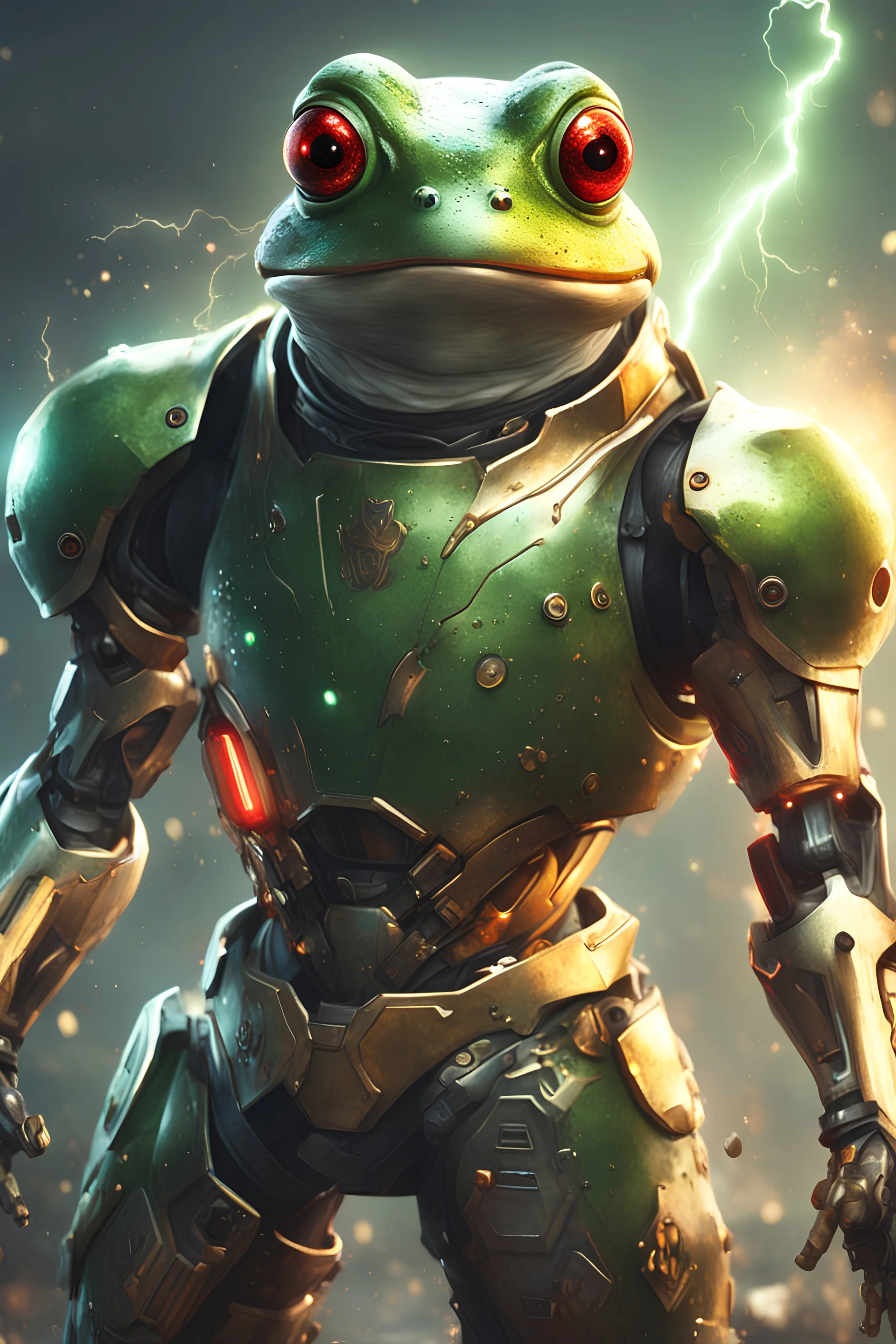 Frog Green Soldier Portrait Glow big red eye Gold Armor Robotic lightning Gun Silver Smoke Dust 16k details epic rare future water nice warrior furious weapon laser