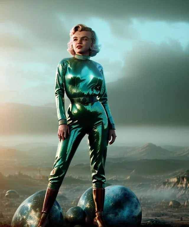 Ultra Realistic retro sci-fi 1960 scene, waist up view portrait, blonde woman, sweet young Marilyn Monroe face, perfect iris, tight latex coat, Strange planet background, Retro sci-fi tight style, sphere dron, fog, rain, soft color, highly detailed, unreal engine 5, ray tracing, RTX, lumen lighting, ultra detail, volumetric lighting, 3d, finely drawn, high definition, high resolution.