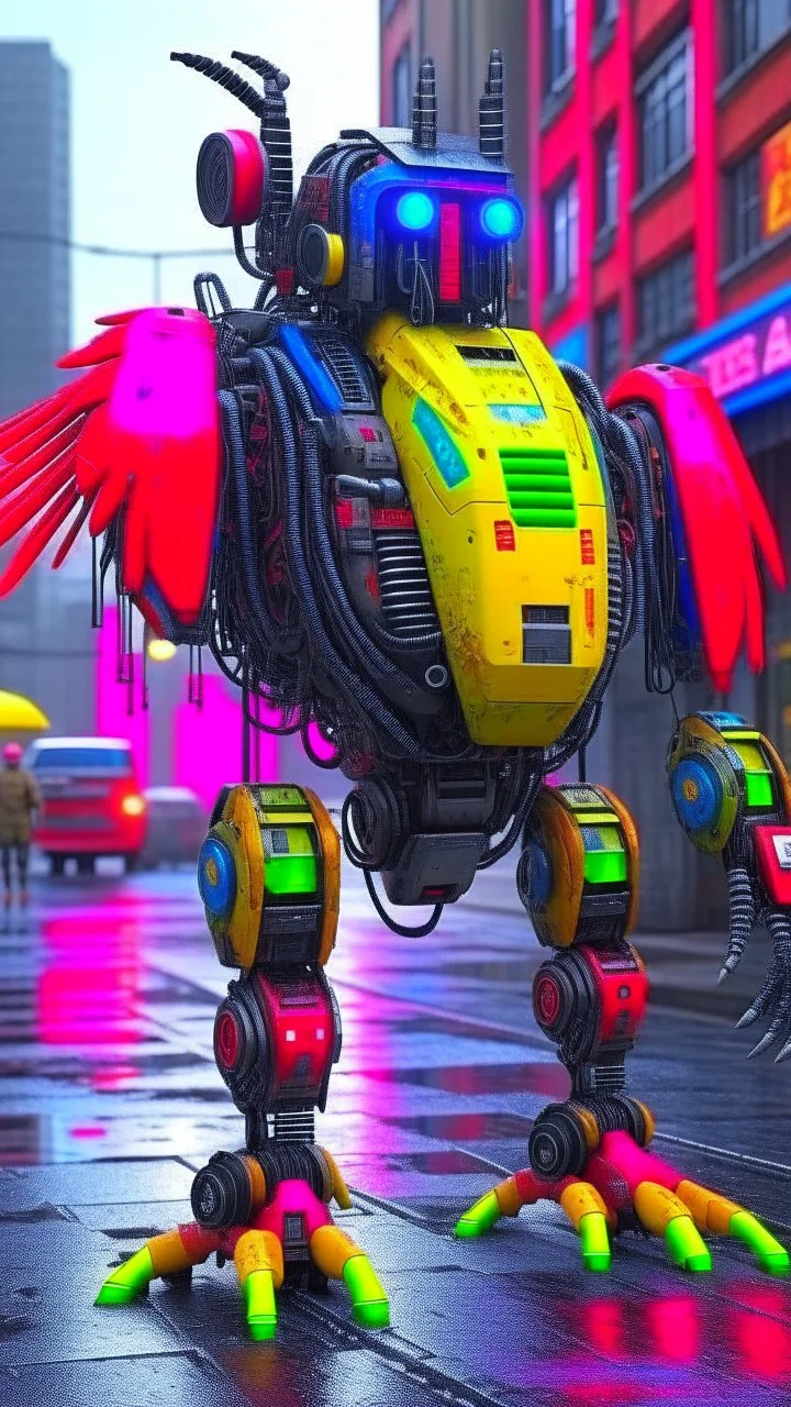 CHICKEN robot, sci-fi, cyberpunk, full body, ultra realistic, virtual reality, cyberpunk city and colors