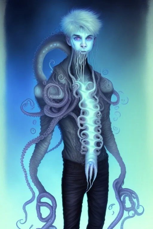 16 year old boy warlock with milky blue eyes, and fanged tentacle growing out of his belly. in the style of HR Giger