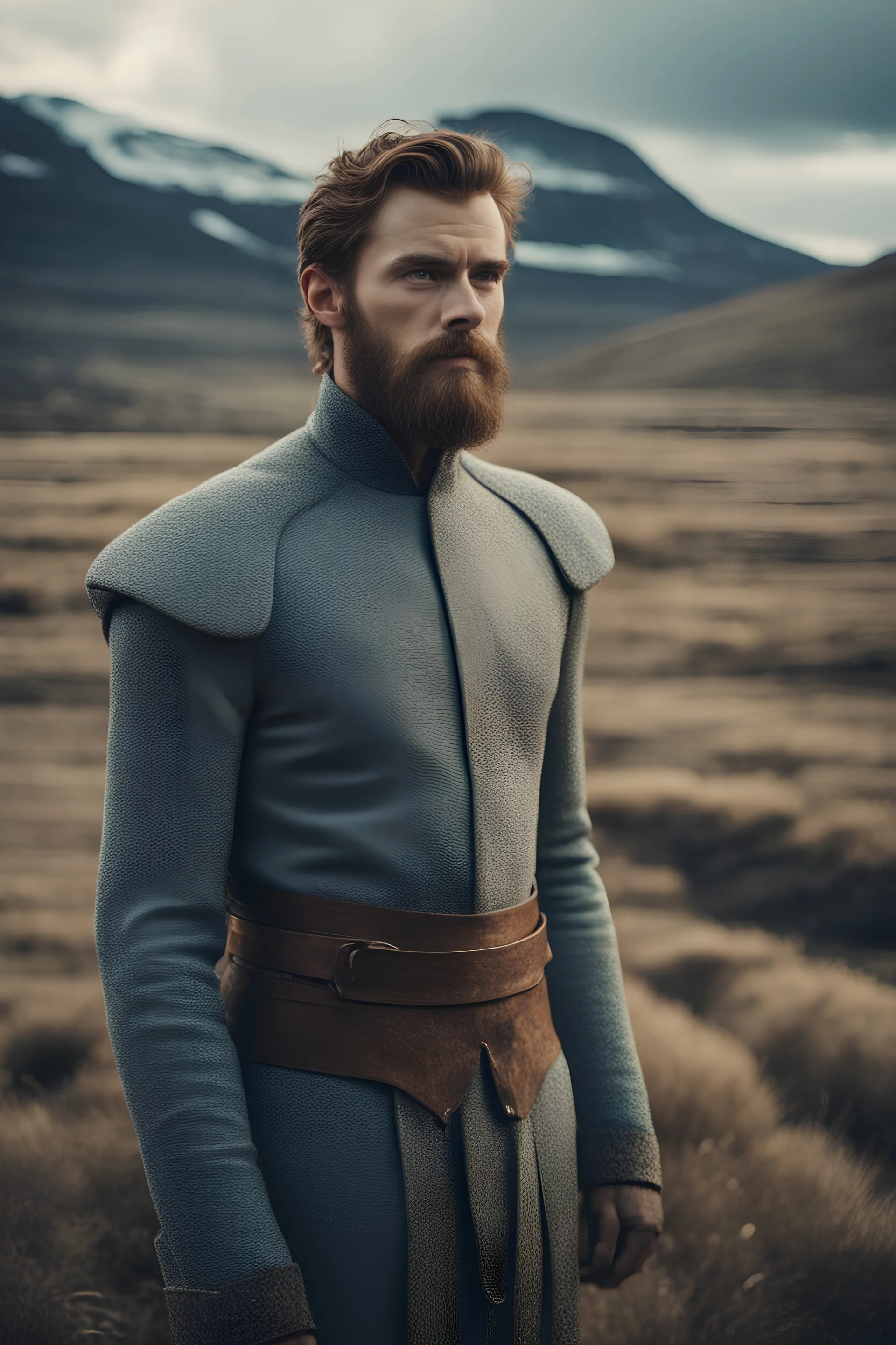 ultra realistic cinematic scene of fictional-Oscar winning historical drama young handsome beard Actor wears LARRY BELL 3D-printed tight-fitting costume, film grain, cinematic color grading, detailed face, dramatic lighting, icelandic landscape, directed by Stanley Kubrick