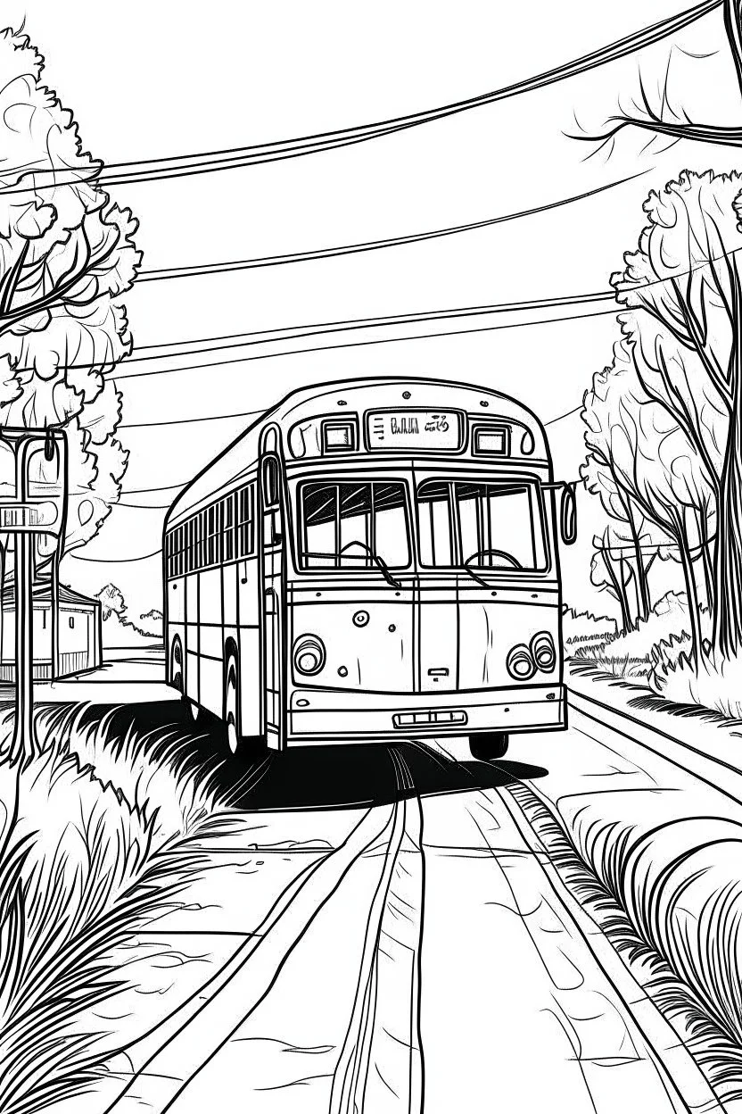 Outline art, no shading, bus on the road, cartoon style, black and white, low detail, --ar 9:11