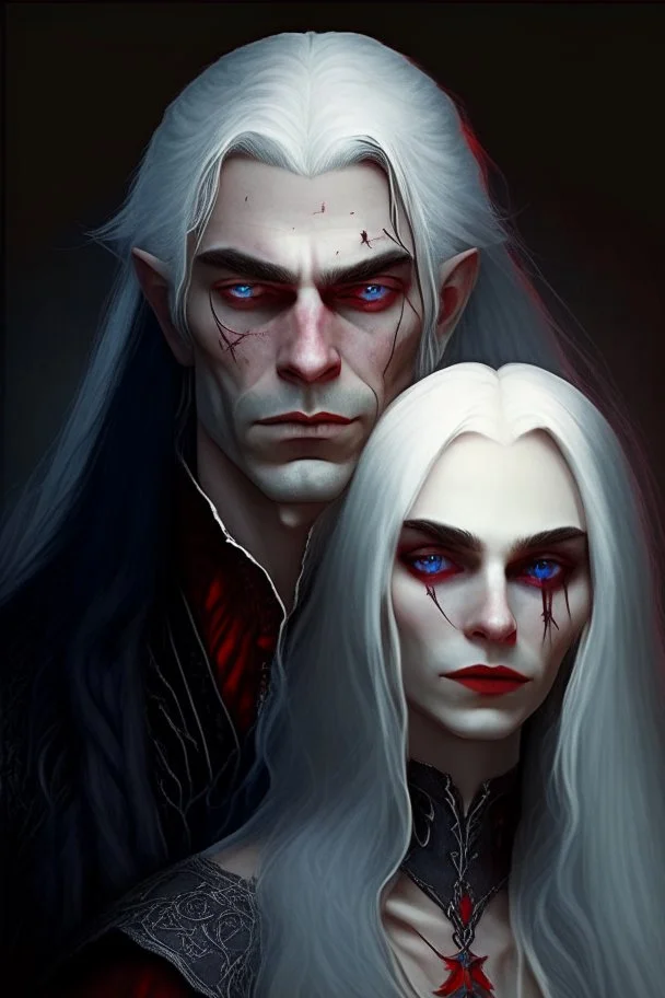 A couple, from the dnd game curse of Strahd. The woman has long white hair and blue eyes, the man has LONG BLACK hair and red eyes, no facial hair.