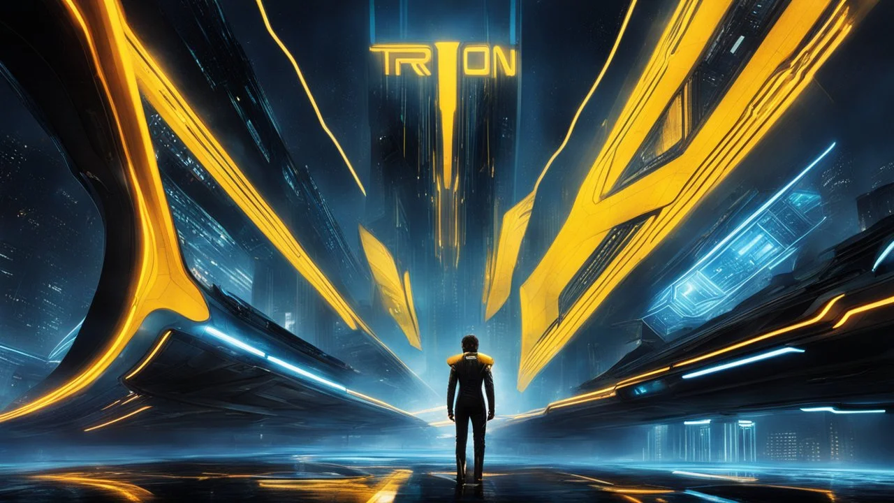 tron legacy movie, programs, space ships, city of the future, yellow, blue, red