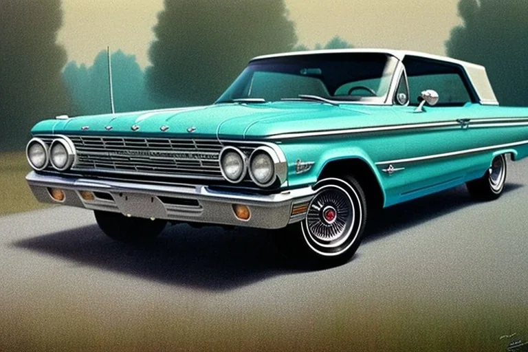 a true-to-life 1963 ford galaxie 500, two-tone paintwork, classic hotrod wheels, pen and color marker, centered, intricate, extreme detailed, photorealism, center view, 1960s suburb background, pivot on ford, painting by cheryl kelley