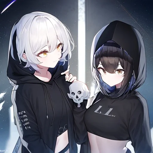 Clear focus,High resolution,High quality, Two girls, One with a hood one, Both have short or medium hair length, they both are wearing a black hoodie with a white skull drawn on it