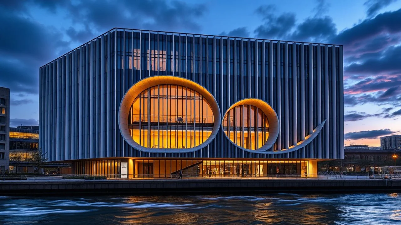 A modern architectural building features an innovative rectangular design with a grid-like facade of vertical and horizontal lines in shades of steel grey and white. The standout element is the sizable organic-shaped cutout, resembling an interconnected double-ellipse, that showcases smooth wooden walkways inside. It is located adjacent to a flowing river, with the water reflecting the building's image. The sky is twilight, with deep blue and purple hues enhancing the structure's uniqueness. A s