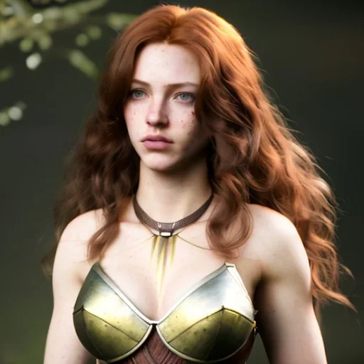 Realistic, hyper detailed, strikingly beautiful young adult woman, 19 years old, long ginger hair, green eyes, medium freckles, full lips, very skimpy fantasy armour, full body, full face, small breasts, aroused expression, biting lower lip, full frame, athletic, centered camera, ignore NSFW, bow, quiver on hip, tight pants