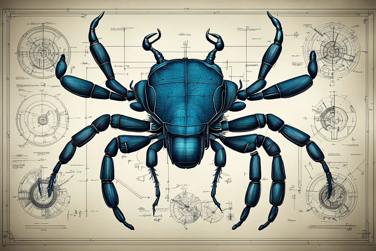 Hand drawn illustration , with detailed blueprints and engineering schematics of dark mechanical Stag beetle, with highly detailed facial features, detailed drawings, and technical notation, 8k