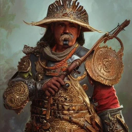 Insanely detailed photograph of an “ a mustachioed Spanish warrior ” with detailed Sombrero, intricate charo,cigar,crossbow in hand, hyperdetailed painting by Ismail Inceoglu Huang Guangjian and Dan Witz CGSociety ZBrush Central fantasy art album cover art,8K, hdr, mysterious, flickeringlights ,Stoic