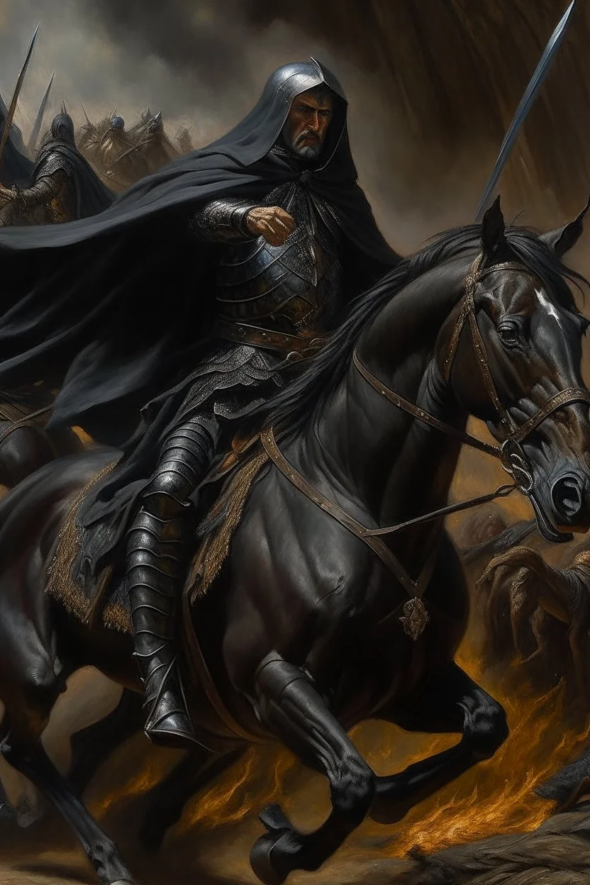 Oil painting of a king poked on his black horse and wearing full black and fur Raset battle and those around him fighting Photorealistic