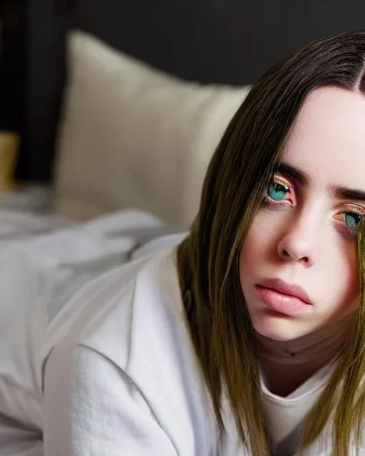 Billie Eilish, full body, on the bed, pale skin, high detail, realistic, 8k, not to be distinguished from a photo, identical pupils