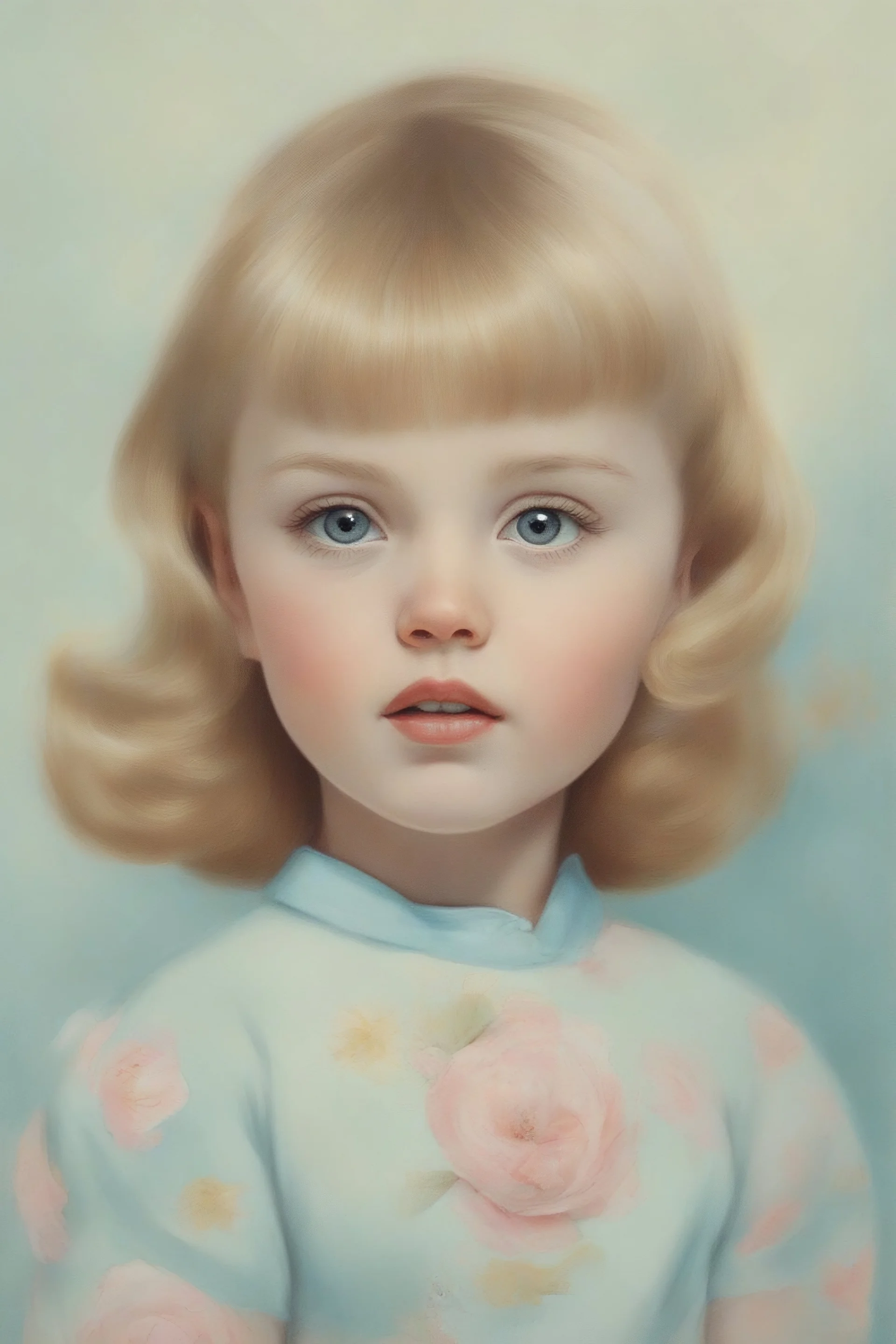 Illustration of model vlada roslyakova as toddler, 1960s in the batroom, style of Marcel Marlier, pastel colors