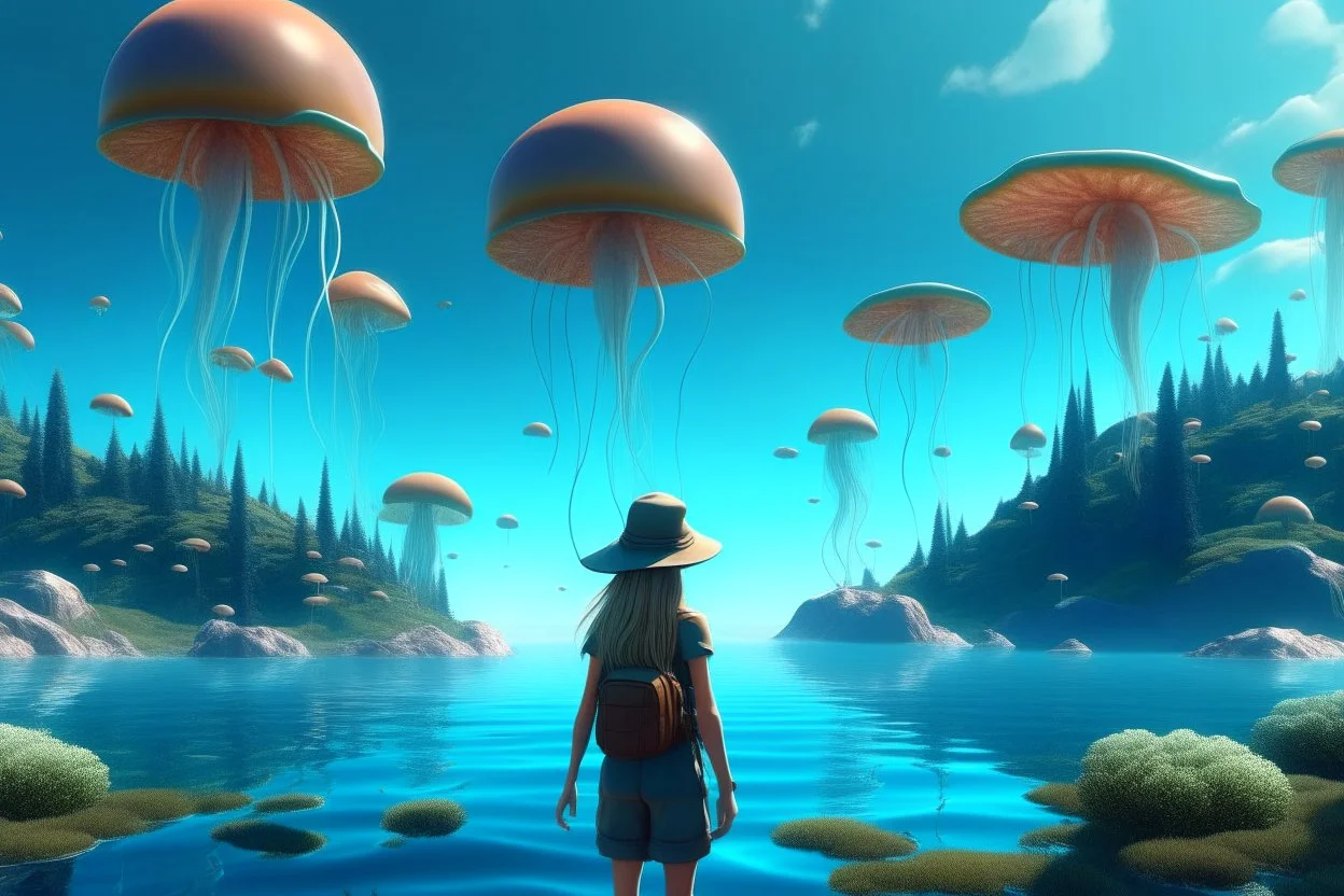 woman standing next to a lake, in an alien forest, flying mushrooms with jellyfish tenacles in a blue sky