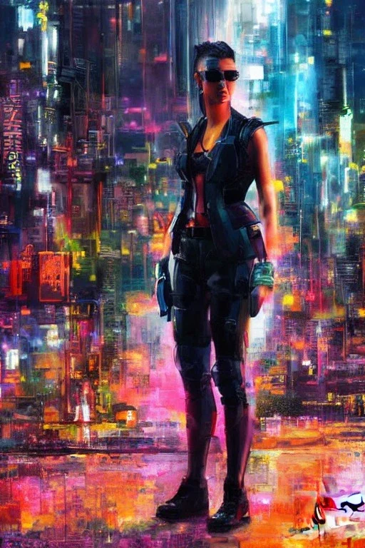 Full body portrait, painting, medium shot lady postcyberpunk