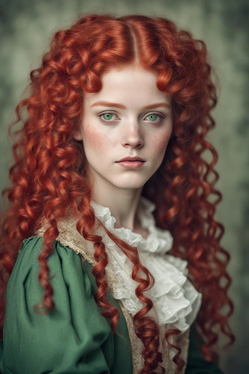 girl with green eyes, freckles, with long blood red curls, dressed in humble clothes from the 18th century