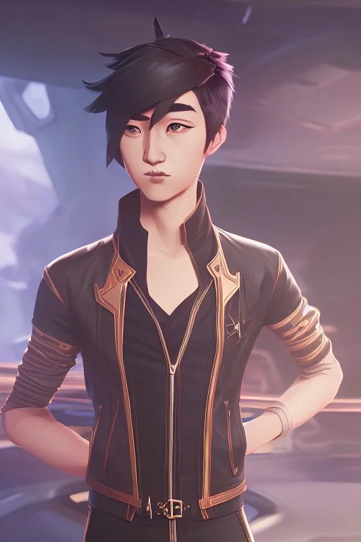 Make Asian Actor with cat ears in a leather jacket, on a spaceship deck