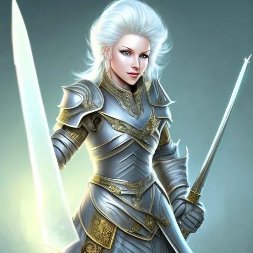 D&D cleric, female, platinum blonde hair, smiling, teal armor, gold eyes