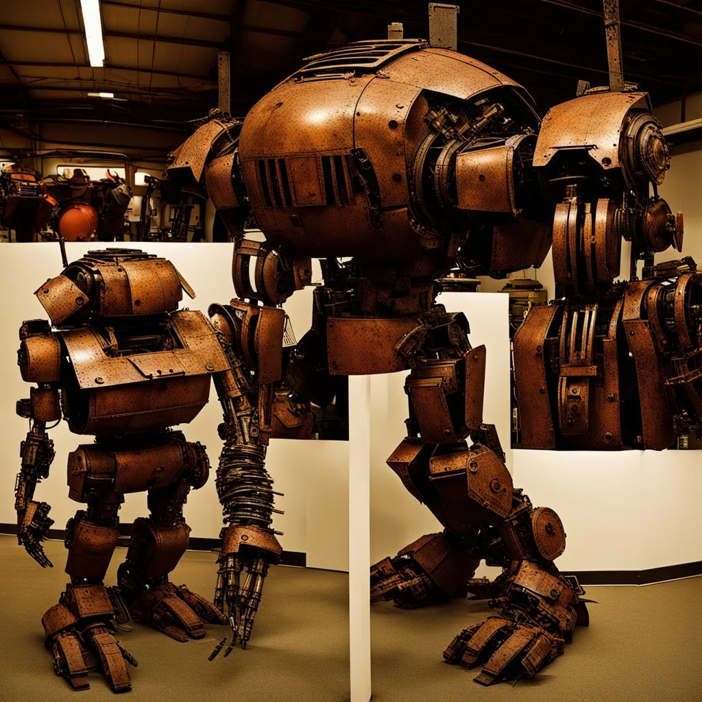 trash mech suit, human-sized, made of scrap metal, small, rusting, round dome head