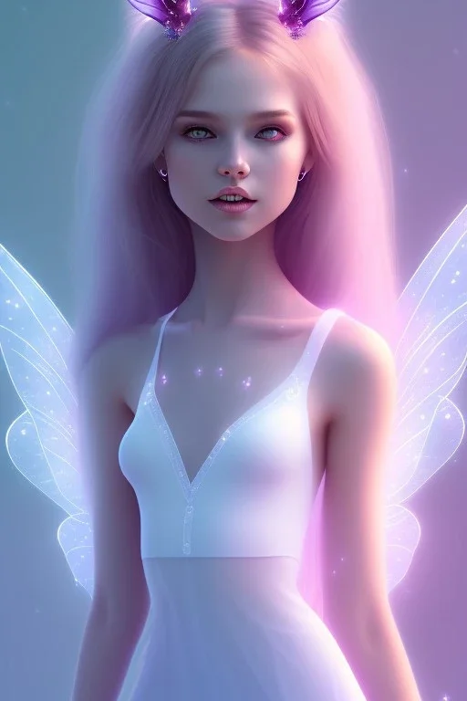 smiling girl, cute, beautiful, long hair, fairy wings, light pastel colors, bright, transparent dress, smile