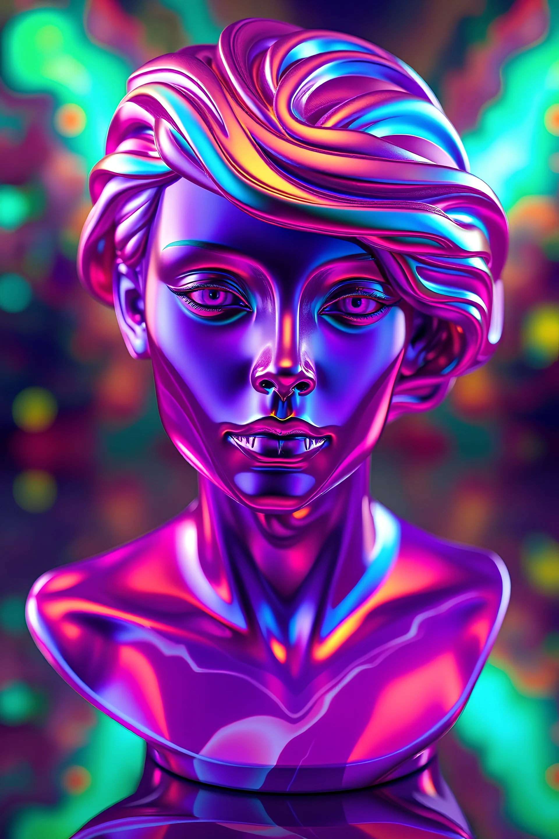 A stunning iridescent female marble bust, Unreal Engine render 8k, high contrast, vibrant colors, very reflective, perfect lighting, trippy colorful background, ZBrush