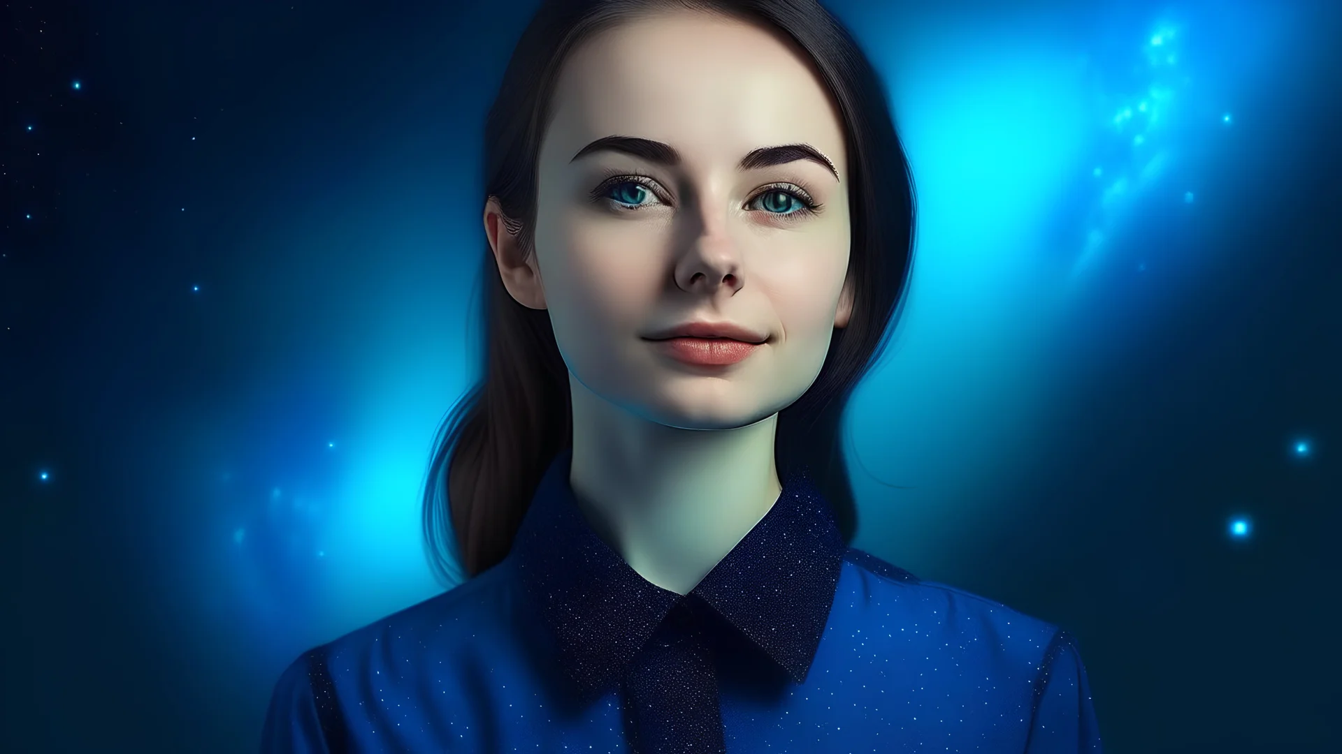 Portrait of pretty lady wearing a blue collar on space background