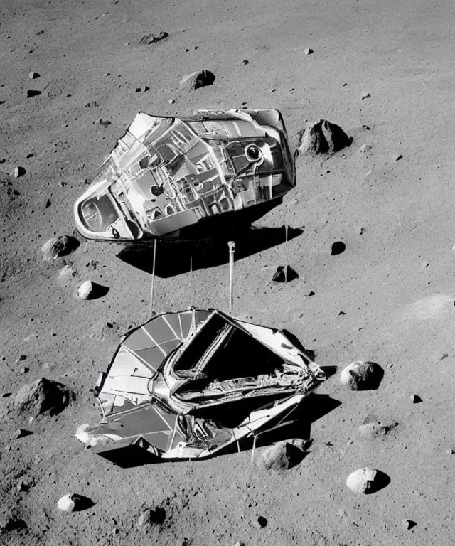 Crashed futuristic space ship on the moon lunar surface