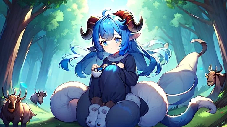 Girl, blue hair, goat horns, goat tail, clearing in forest, goat foot.