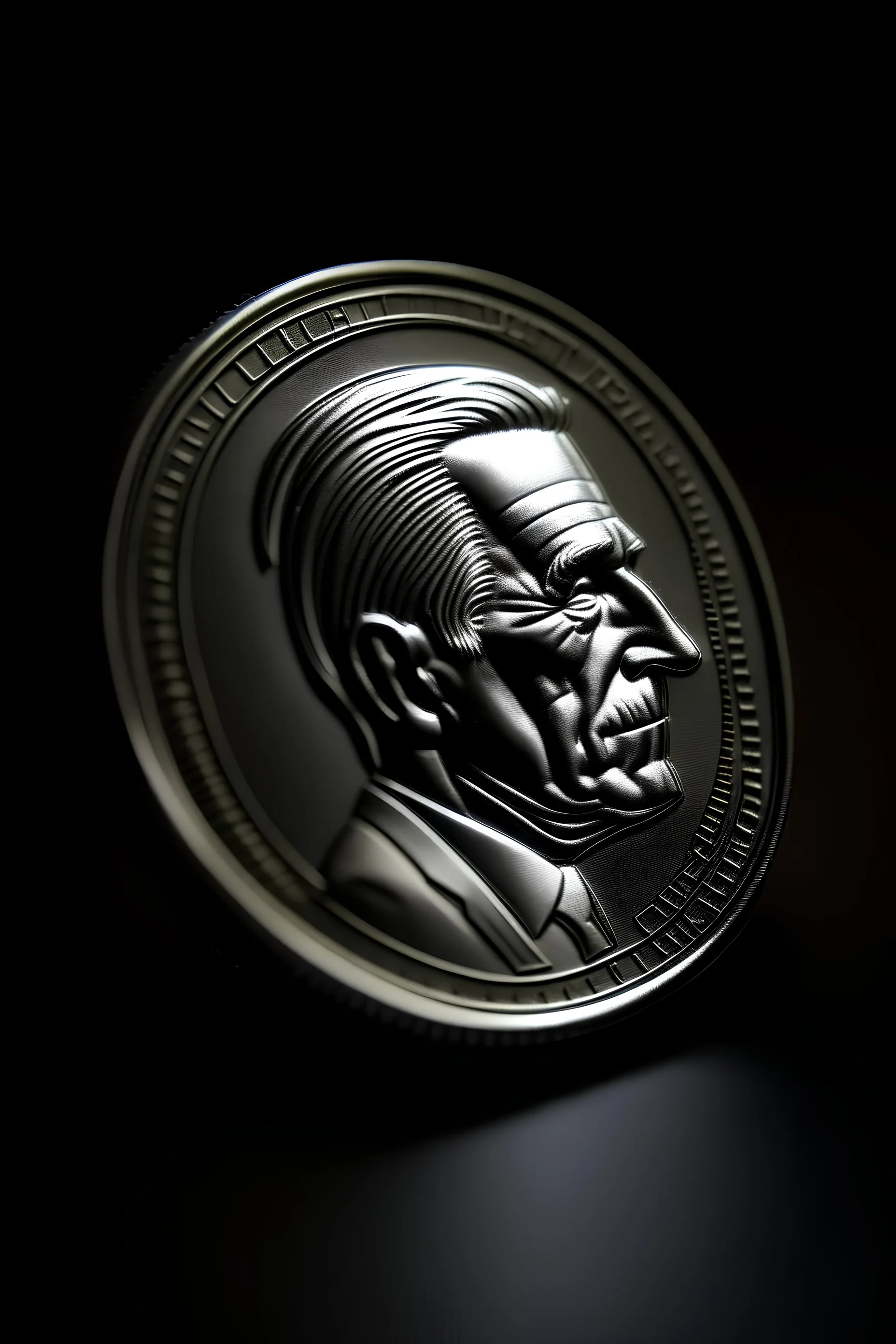 In Ultra Realistic 32k UHDR Photography Description: - of a Dime in carbon fiber. -10 cents on the back -president's head on the front