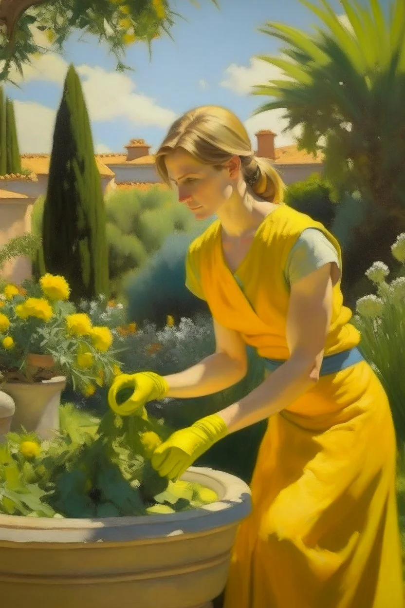 Neoclassicism woman working in the garden gardening painting yellow realistic cote d'azur