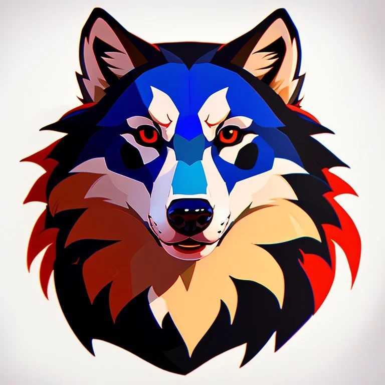 anthropomorphic wolf full body art illustration black background red, blue and white color full body