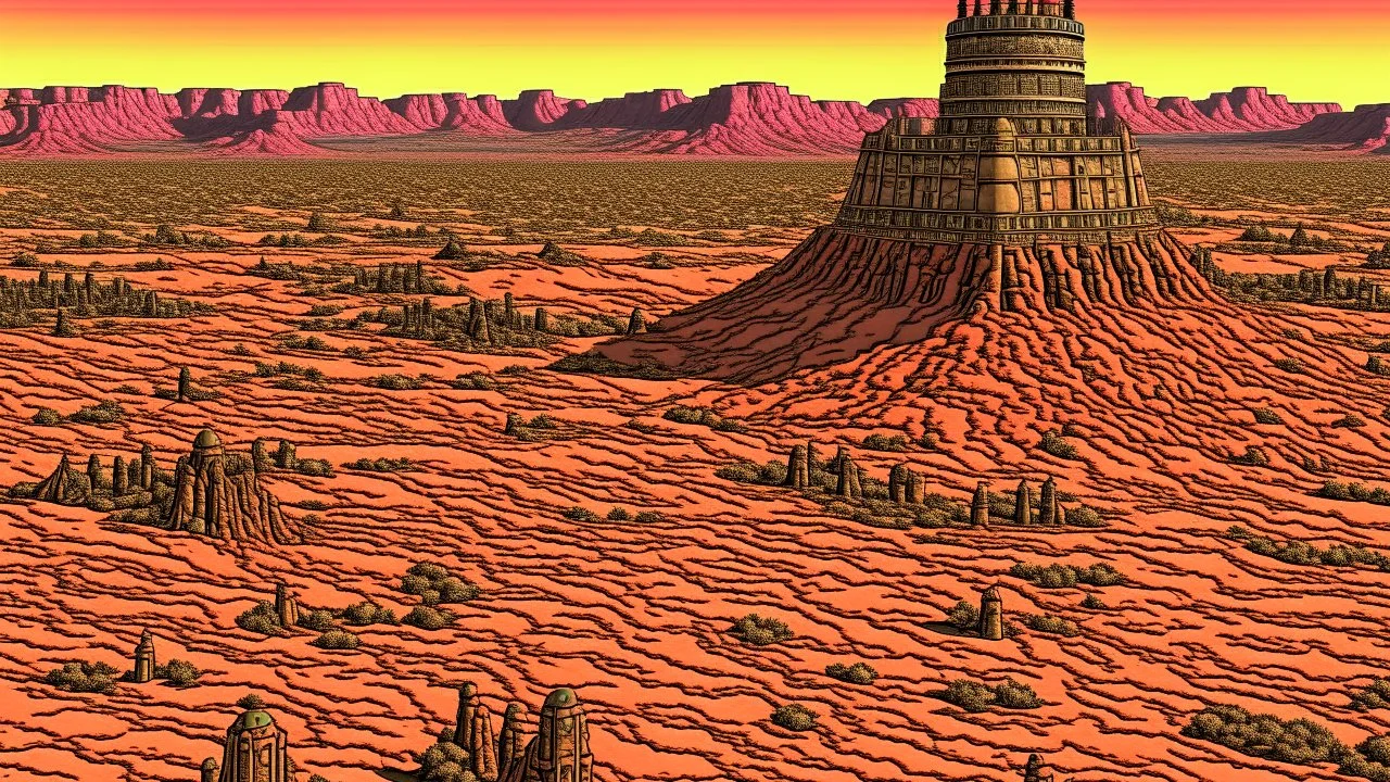 Desert warrior from behind looking at a city on a plato in the distance, comic style