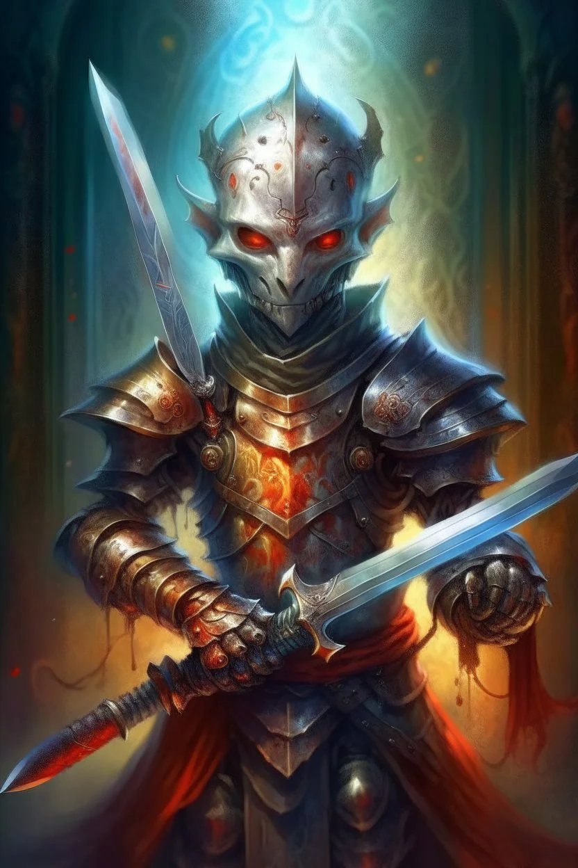 book illustration, oil painting portrait of slightly knightly smirking robot vampire holding magical dagger, bokeh , high detail, smooth render, prize winning