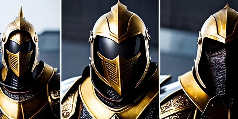 apocalypse, chaotic, magnificent, realistic, colorful, massive, epic, ray tracing, cinematic, 8k, HD, Ultra High Definition, photo film, film grain, hyper-detailed, old tarnished ornate rusty Hyper detailed Gold Gothic Medieval Knight helmet with opaque glass visor covering face and matching suit of armor no face