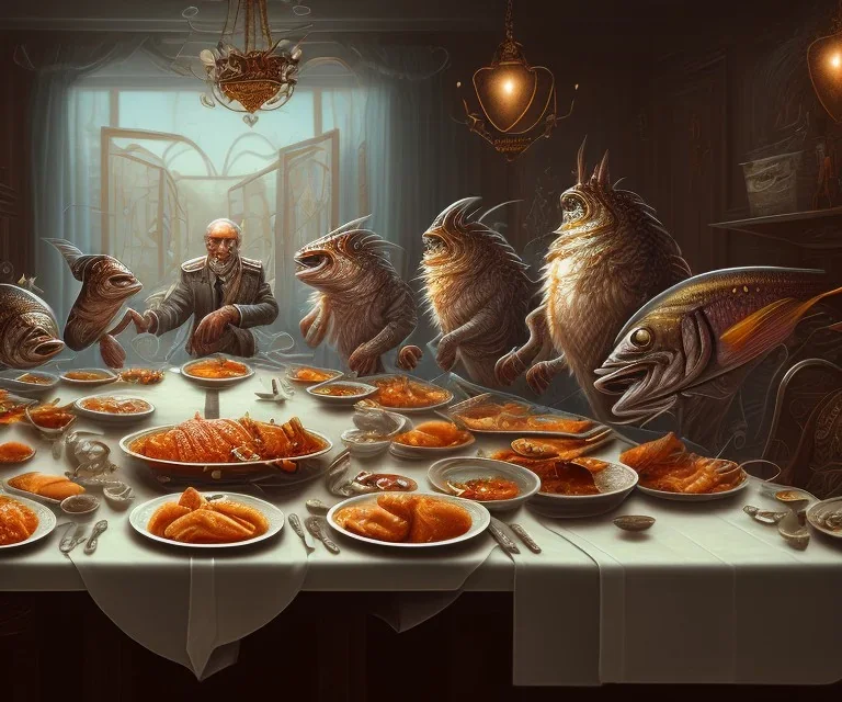 supper, fish sit at the table and eat pieces of people.