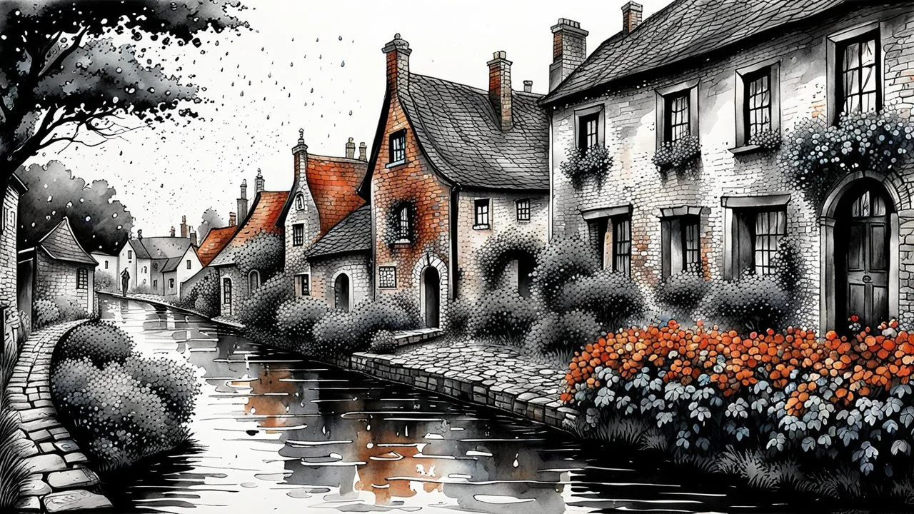 The ink was art, black and white colors with brick, red, brown, blue, gray and orange watercolors, splash art, old vintage English village in summer rain, cobblestone street, bushes, trees, flowers, the passing of time, the atmosphere of the good old days hovering over the village, calm and quiet serene, dim lights, highly detailed, intricate, masterpiece