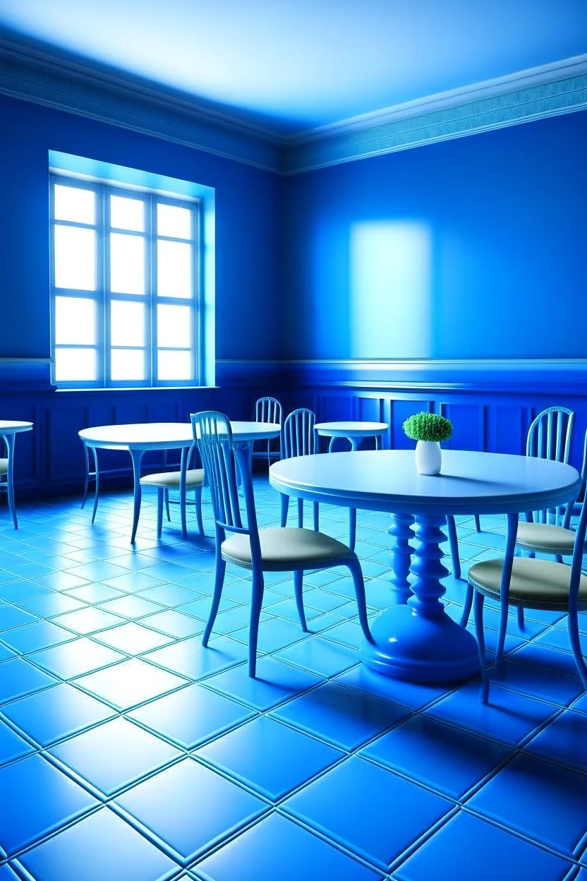 3D-shot A large, oval-shaped table in a restaurant, the color of the table is blue and white, the color of the walls is blue, and the floor color is white