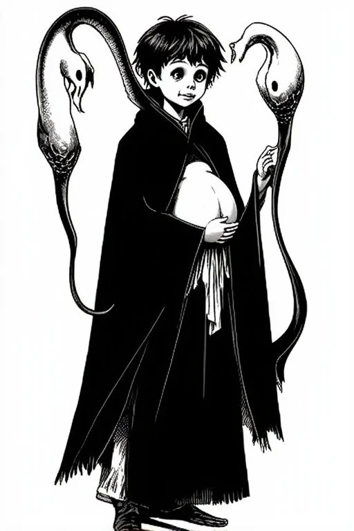 7 year old boy, necromancer, friendly, looks dead,with a long lamprey emerging from his belly , wearing black robes, with the lower body of a ghost in the style of Harry Clarke