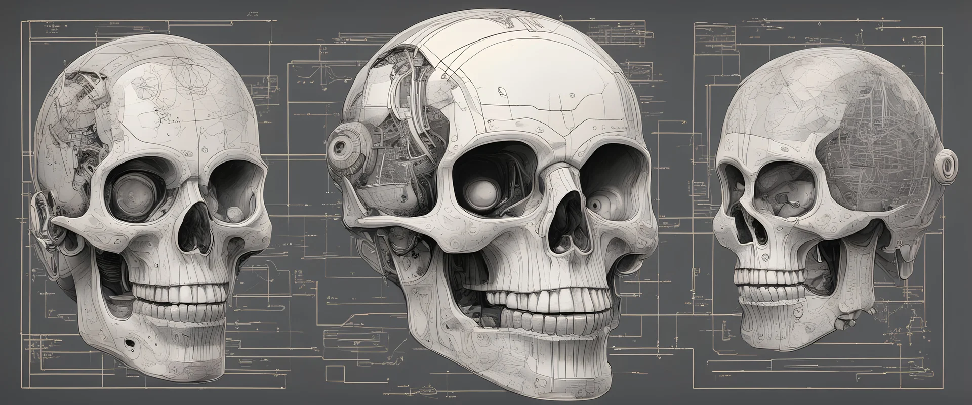 An Andy Warhol style illustration of a set of schematics for a cyborg skull, digital illustration, extreme detail, digital art, 4k, ultra hd, graphite pencil drawing, realistic, fine art, vray, 3d mandelbulber, octane 3d, digital painting, realistic and natural, cosmic sky, detailed full-color, hd photography, realistic surrealism, elements by dr. frankenstein detailed, gloss, hyperrealism, random neon wiring dayglo effects,and background color, industrial background, as a poster with more neon