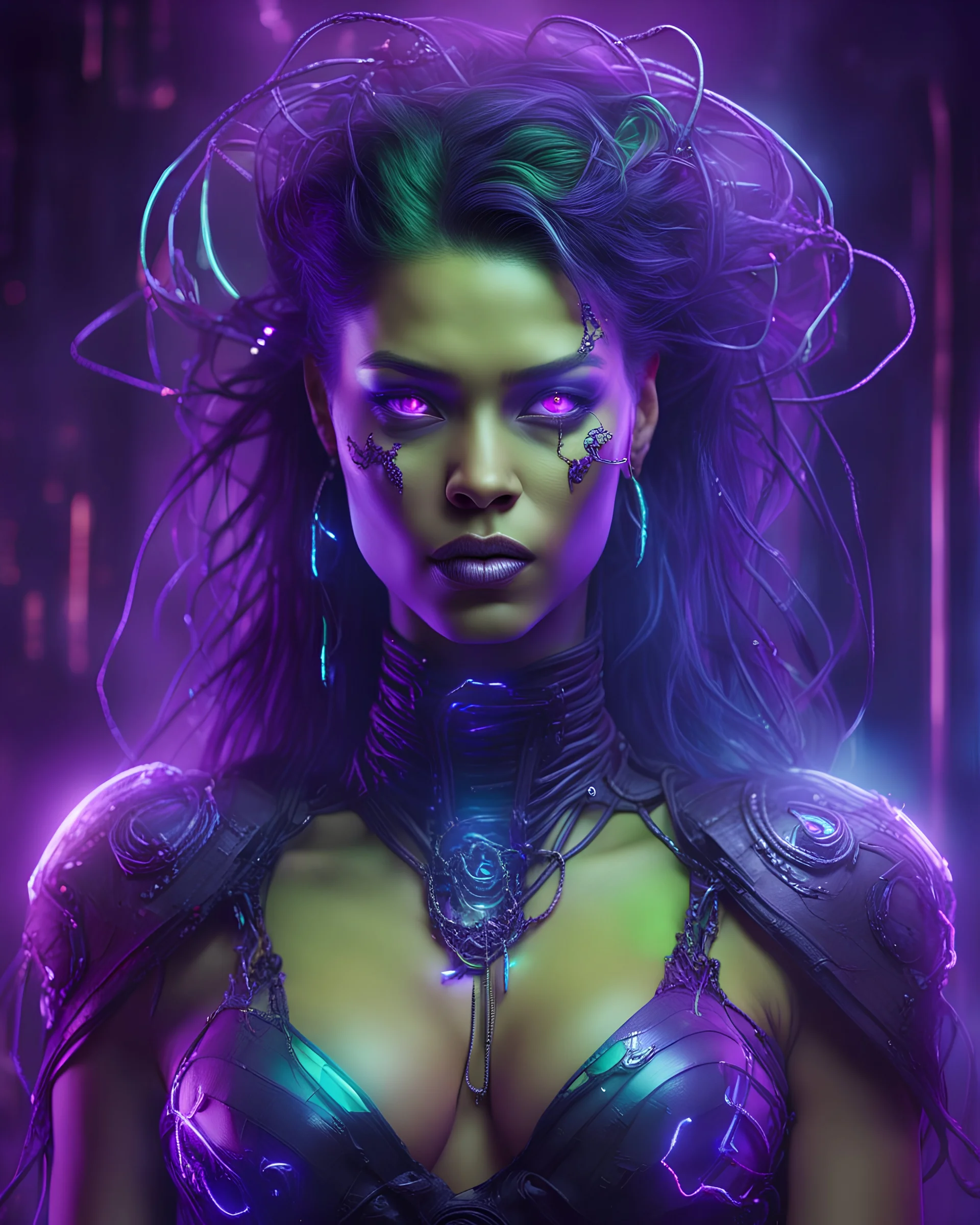 realistic portrait of miss hulk A radiant and ethereal cyberpunk girl shrouded in vibrant veils, her form intertwined with luminescent crabs composed of violet light and smoky purple hues. She is adorned with futuristic neon wires and intricate cyberpunk jewelry, her translucent layers billowing in an unseen breeze, casting a surreal, dynamic glow against the backdrop of a gritty, neon-lit metropolis.