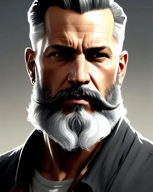 "MIddle aged white human male, with a trimmed but uneven beard, piercing eyes with slick back hair, full-scale head and shoulders portrait, 8k resolution concept art portrait by Greg Rutkowski, Artgerm, WLOP, Alphonse Mucha dynamic lighting hyperdetailed intricately detailed Splash art trending on Artstation triadic colors Unreal Engine 5 volumetric lighting Splash art fantasy"