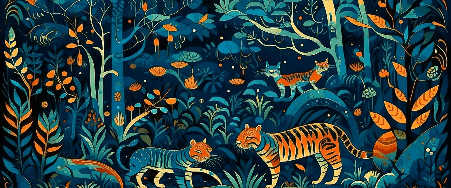 A dark blue jungle with tigers and chameleons designed in Lascaux cave paintings painted by Wassily Kandinsky