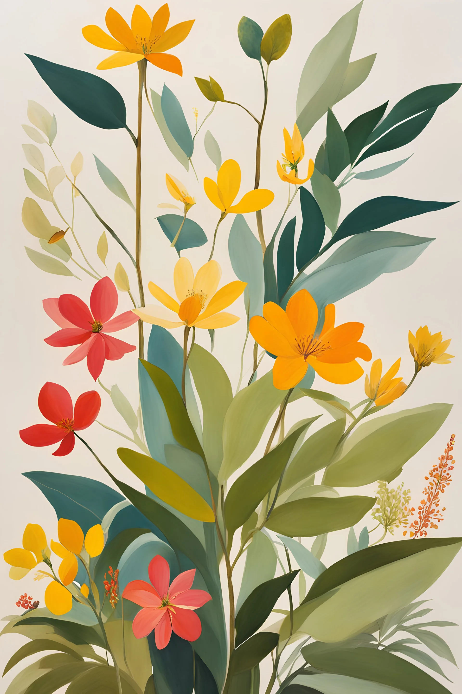 Botanical Simplicity": Create a minimalist botanical painting that celebrates the beauty of nature with a focus on native plants, flowers, or trees, using a restrained color palette. vibrant rich birght shady colors, midcentury art, beyond the limits arts