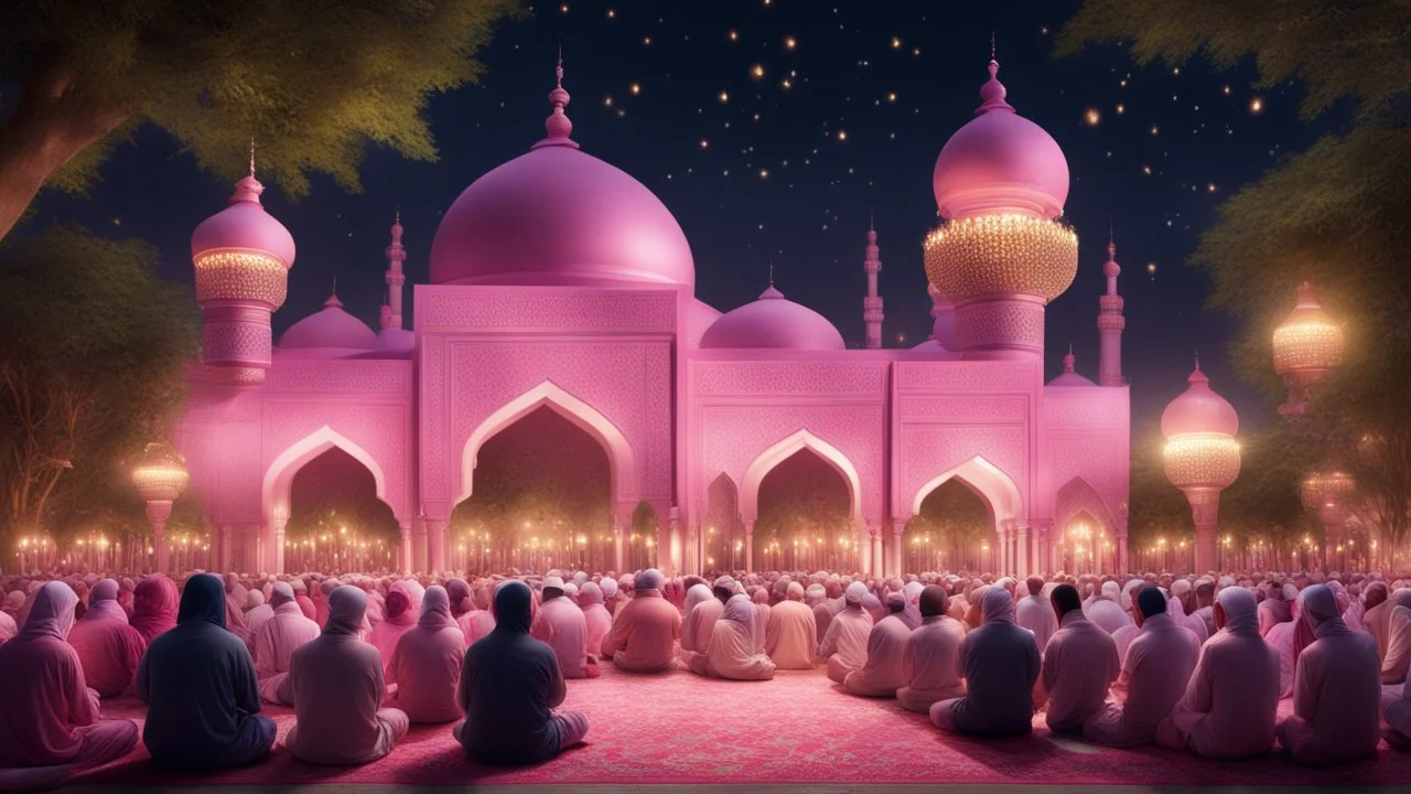 Hyper Realistic Photographic-View of lots of Muslims praying outside a beautifully-crafted-pink-mosque with garden-lamps-&-Garland-Lights with dramatic-&-Cinematic-Ambiance at night with glowing-fireflies.