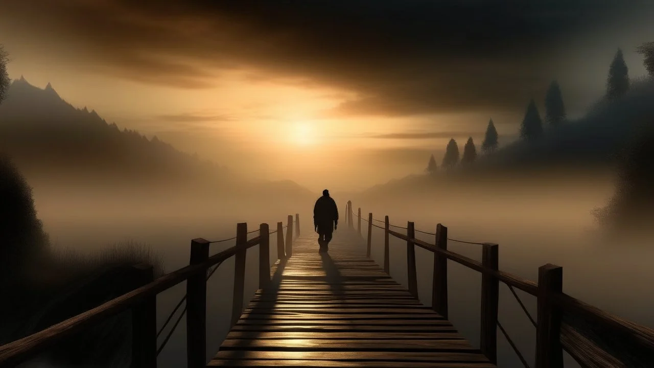 walking straight ahead over a wooden bridge, holding the angel of death with your right hand, entering the fog at the end of the road that leads to the afterlife, a stream from the mountains flows from the right and left, and a beautiful sunset behind the fog, realistic